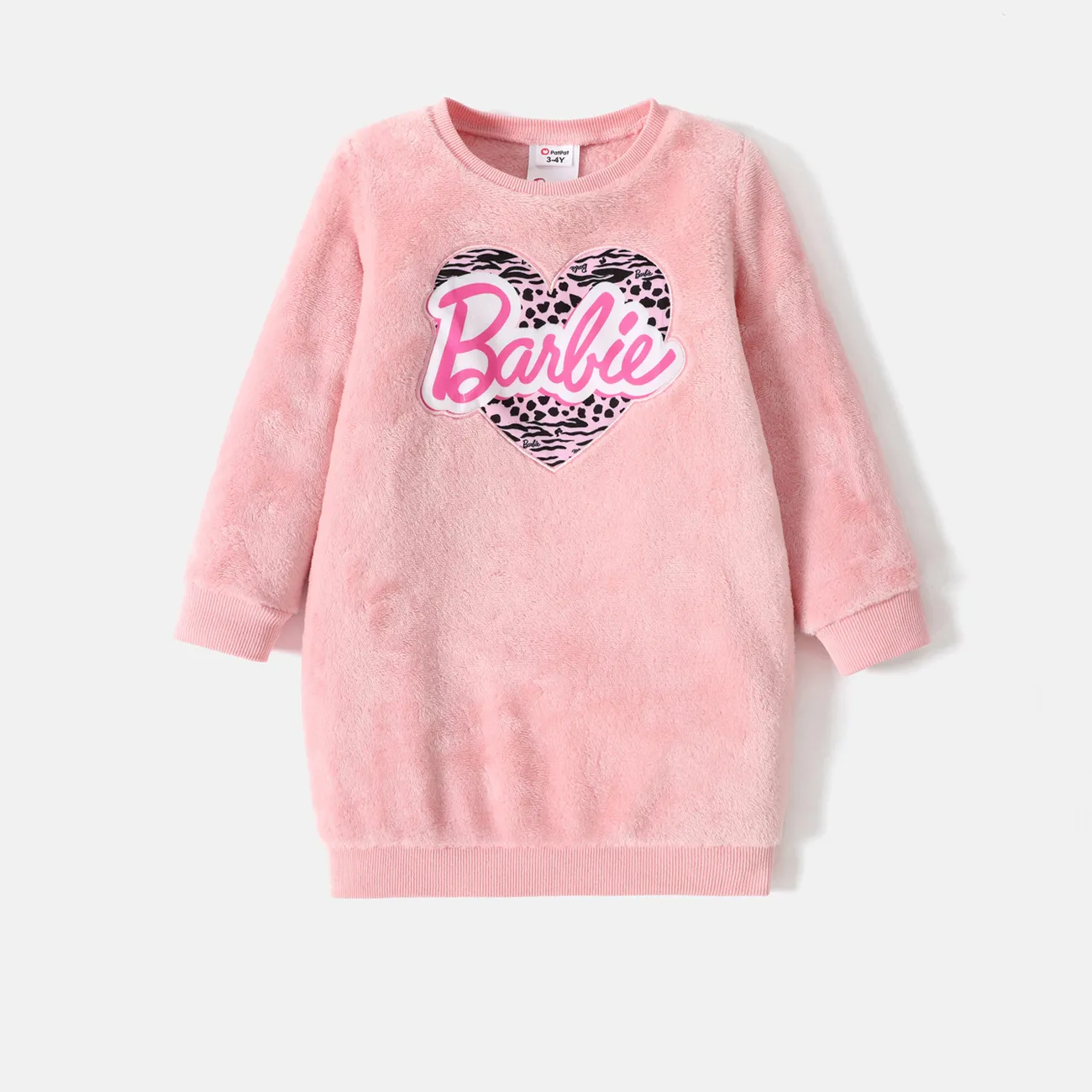 Barbie Toddler Girl Heart Print Fluffy Pullover Dress Pink big image 1