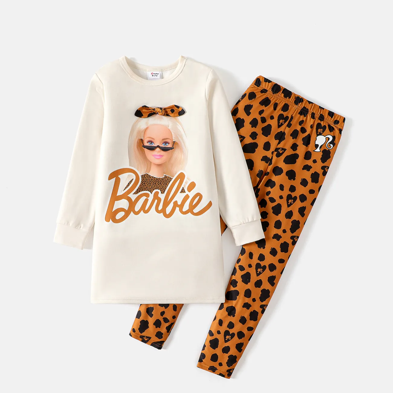 Barbie 2pcs Kid Girl Character Print Sweatshirt and Leopard Print Leggings Set Apricot big image 1