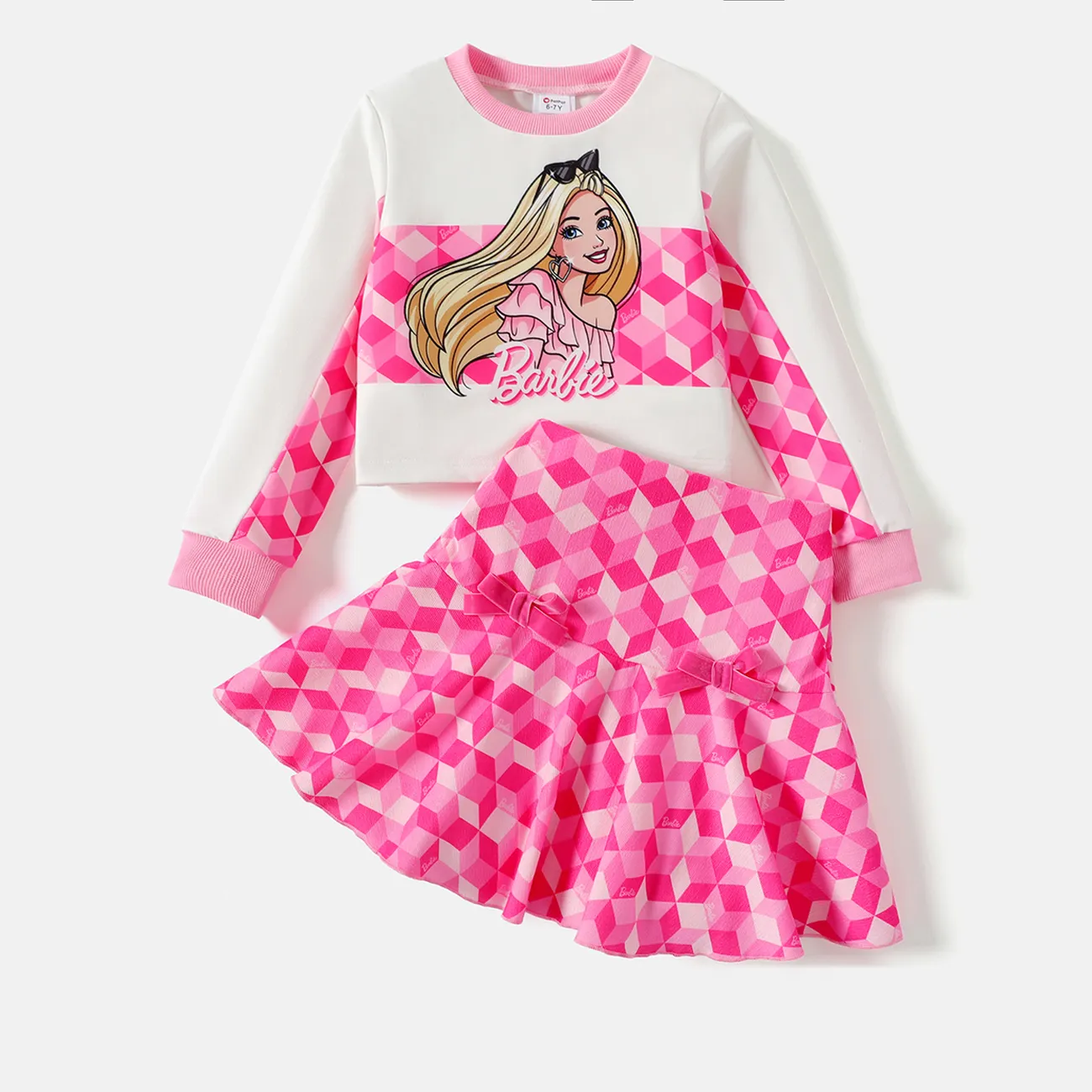 Barbie 2pcs Kid Girl Plaid Colorblock Long-sleeve Tee and Bowknot Design Skirt Set Pink big image 1