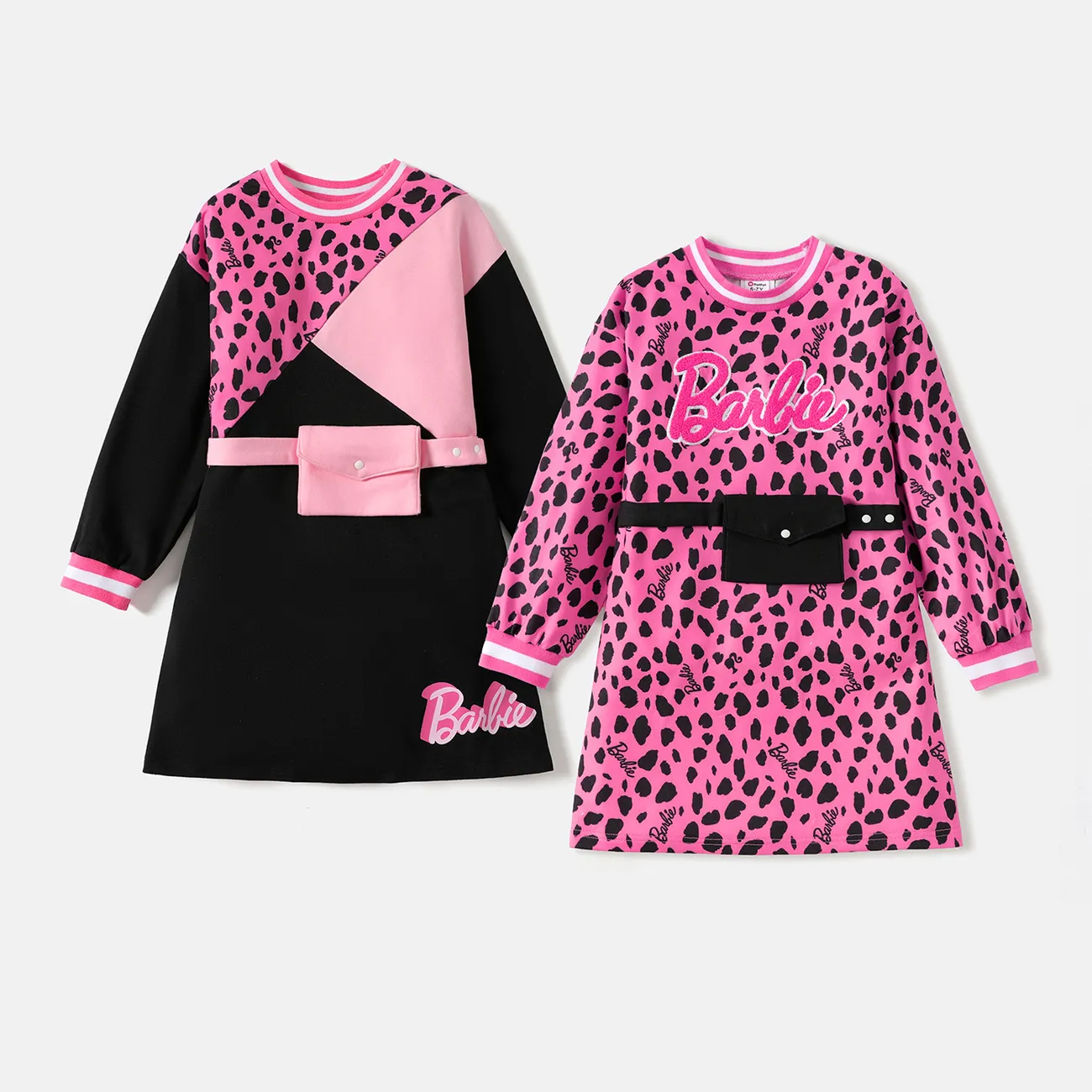 Barbie Kid Girl Leopard Print/Colorblock Waist Bag Design Sweatshirt Dress Pink big image 1