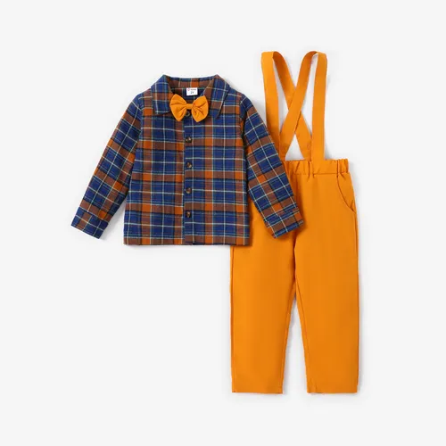 2PCS Toddler Boy Halloween Lapel Grid Shirt and Overalls Set 