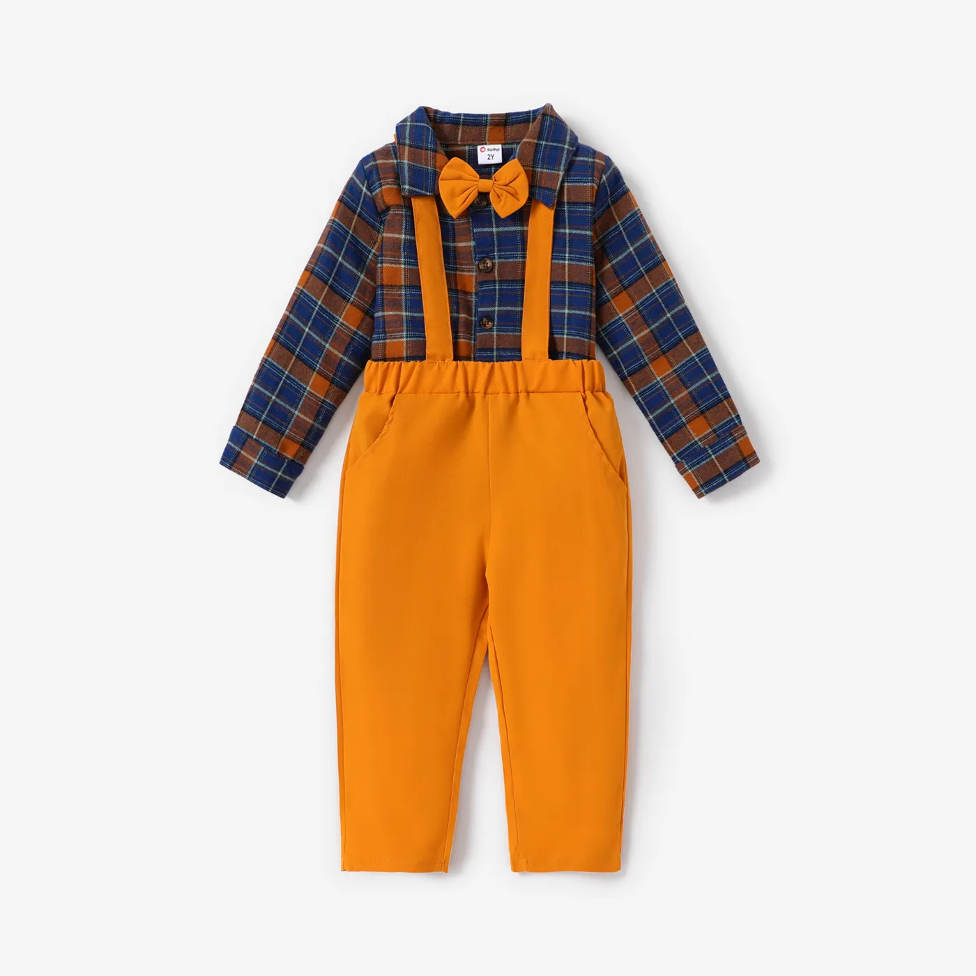 2PCS Toddler Boy Halloween Lapel Grid Shirt and Overalls Set  Ginger image 2
