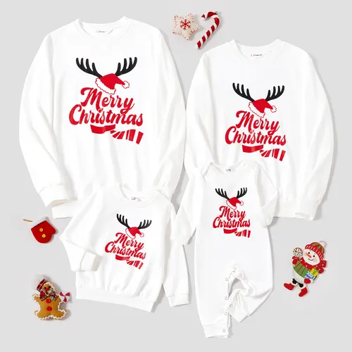 Christmas Hat and Letter Print Family Matching White Tops