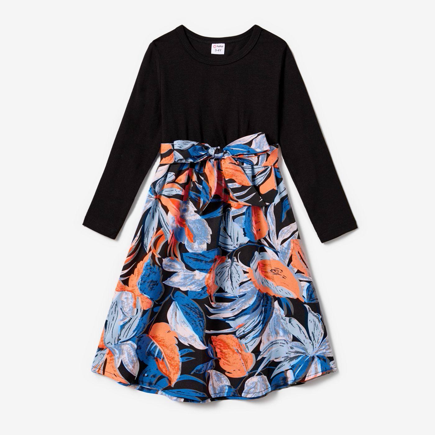 Family Matching Colorblock Long-sleeve Tops And Flora Print Tank Dresses Sets