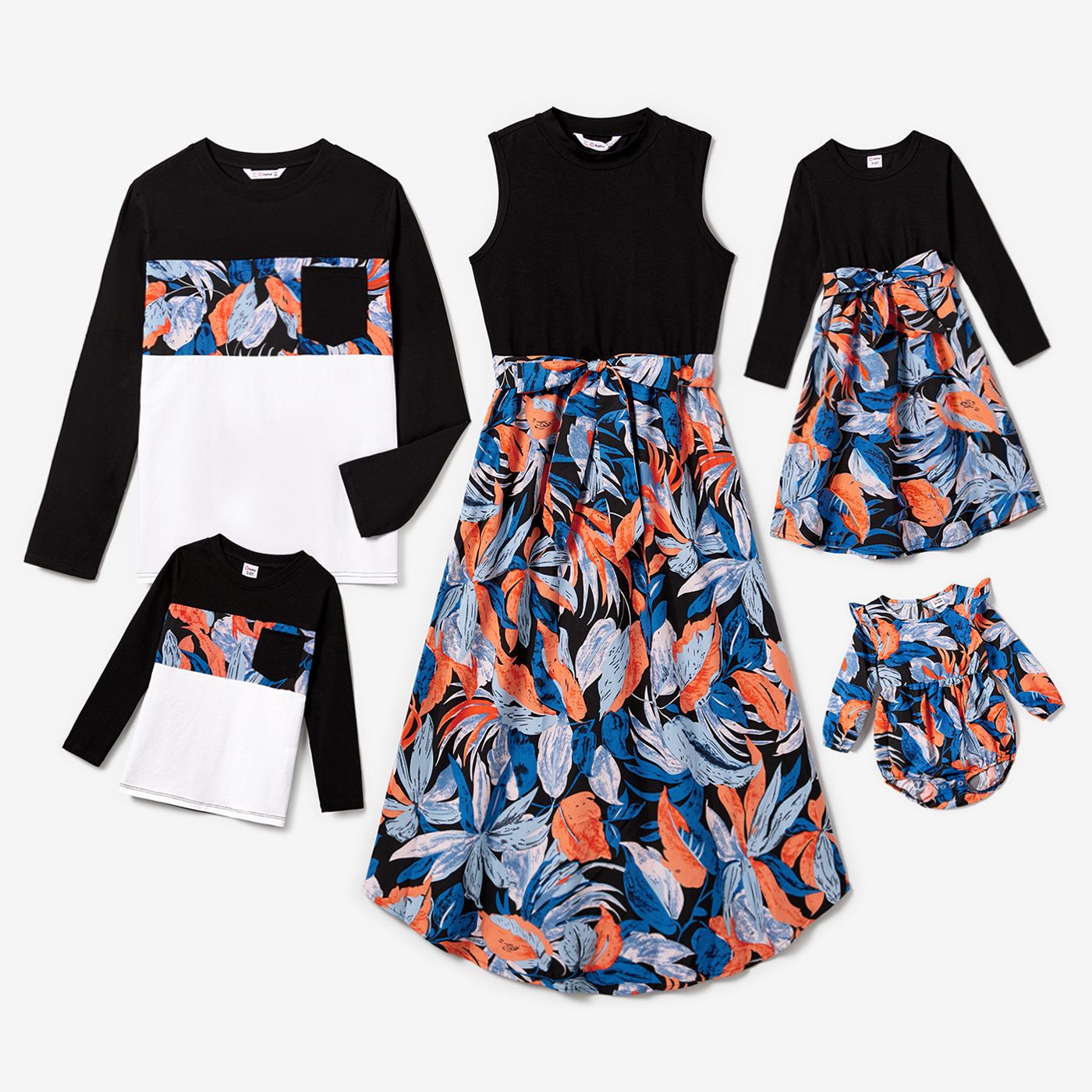 Family Matching Colorblock Long-sleeve Tops And Flora Print Tank Dresses Sets