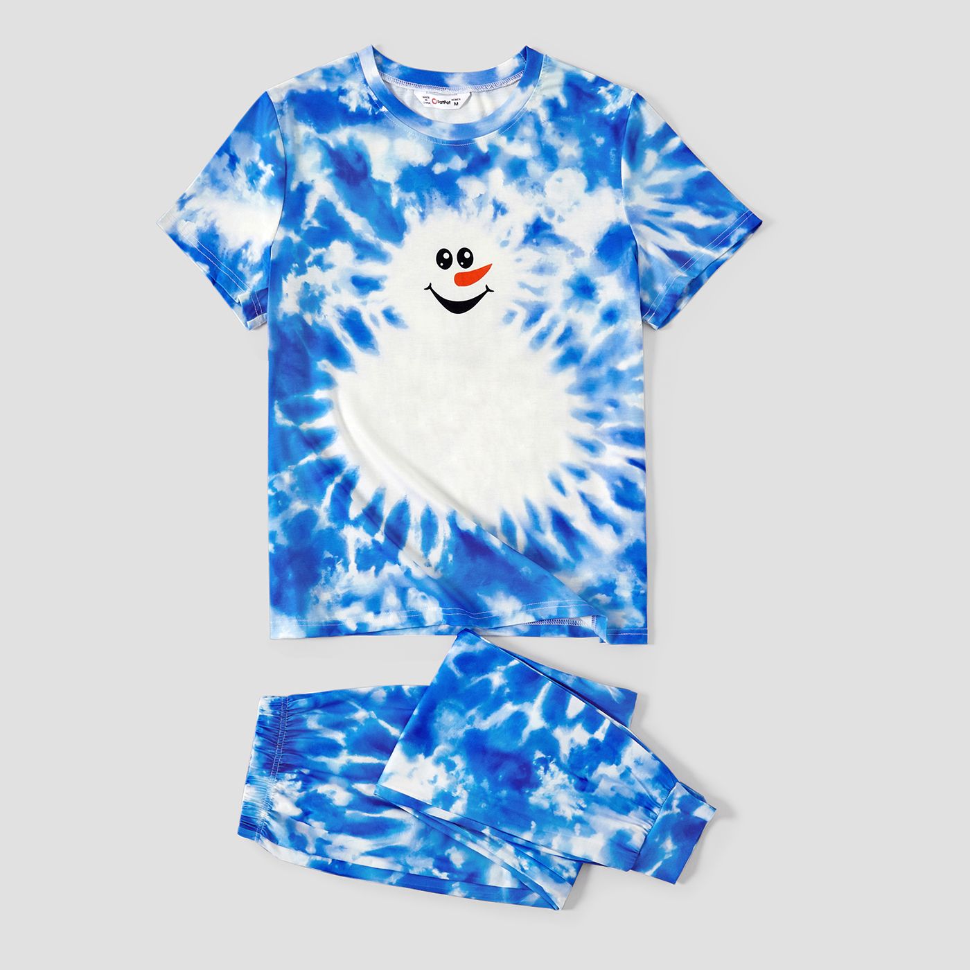 Christmas Family Matching Snowman Print  Blue Tie-dye Short-sleeve Pajamas Sets (Flame Resistant)