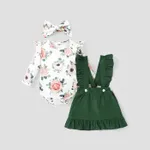 3pcs Floral Print Ruffle Decor Long-sleeve Baby Set Dark Green