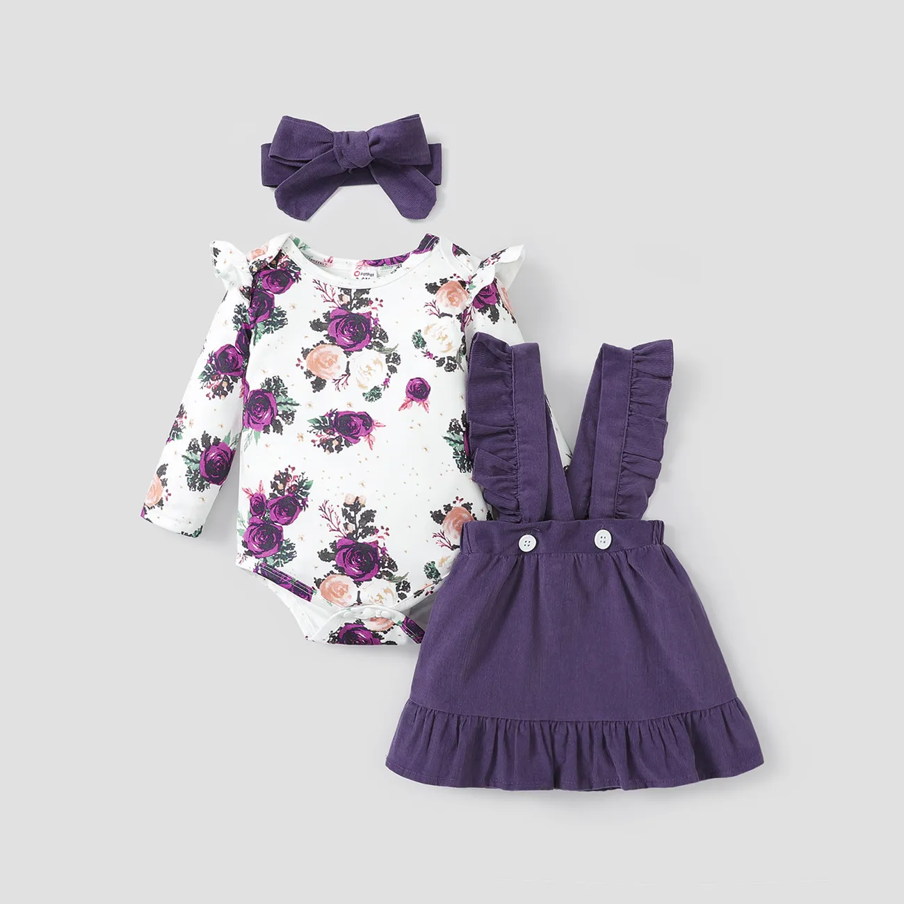 3pcs Floral Print Ruffle Decor Long-sleeve Baby Set Light Purple big image 1