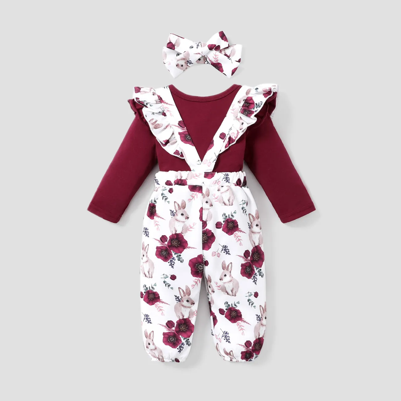 Baby Girl 3pcs Sweet Solid Romper and Floral Print Ruffled Overalls with Headband Set Burgundy big image 1