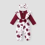 Baby Girl 3pcs Sweet Solid Romper and Floral Print Ruffled Overalls with Headband Set Burgundy
