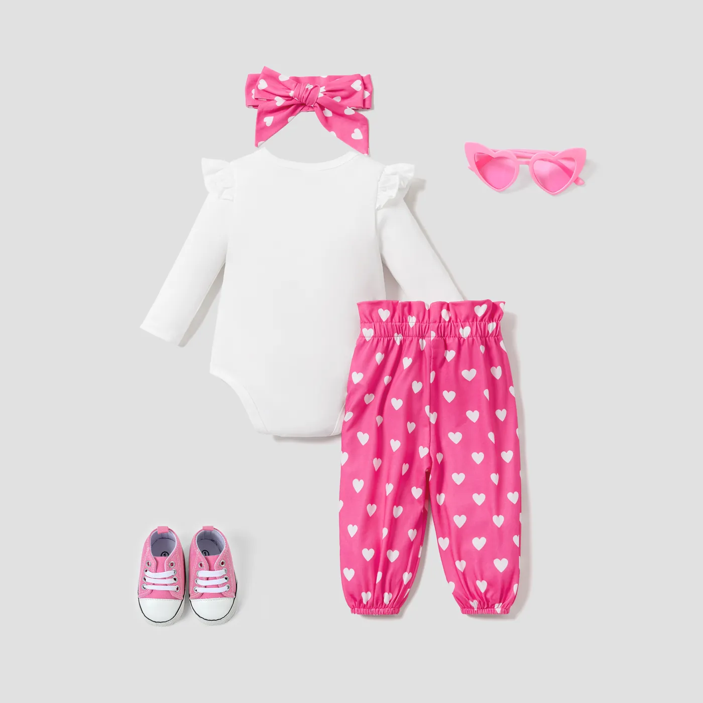 3PCS Baby Girl Sweet  Letter Pattern Flutter Sleeve Top/ Heart Print Bottom/ Headband Hot Pink image 2