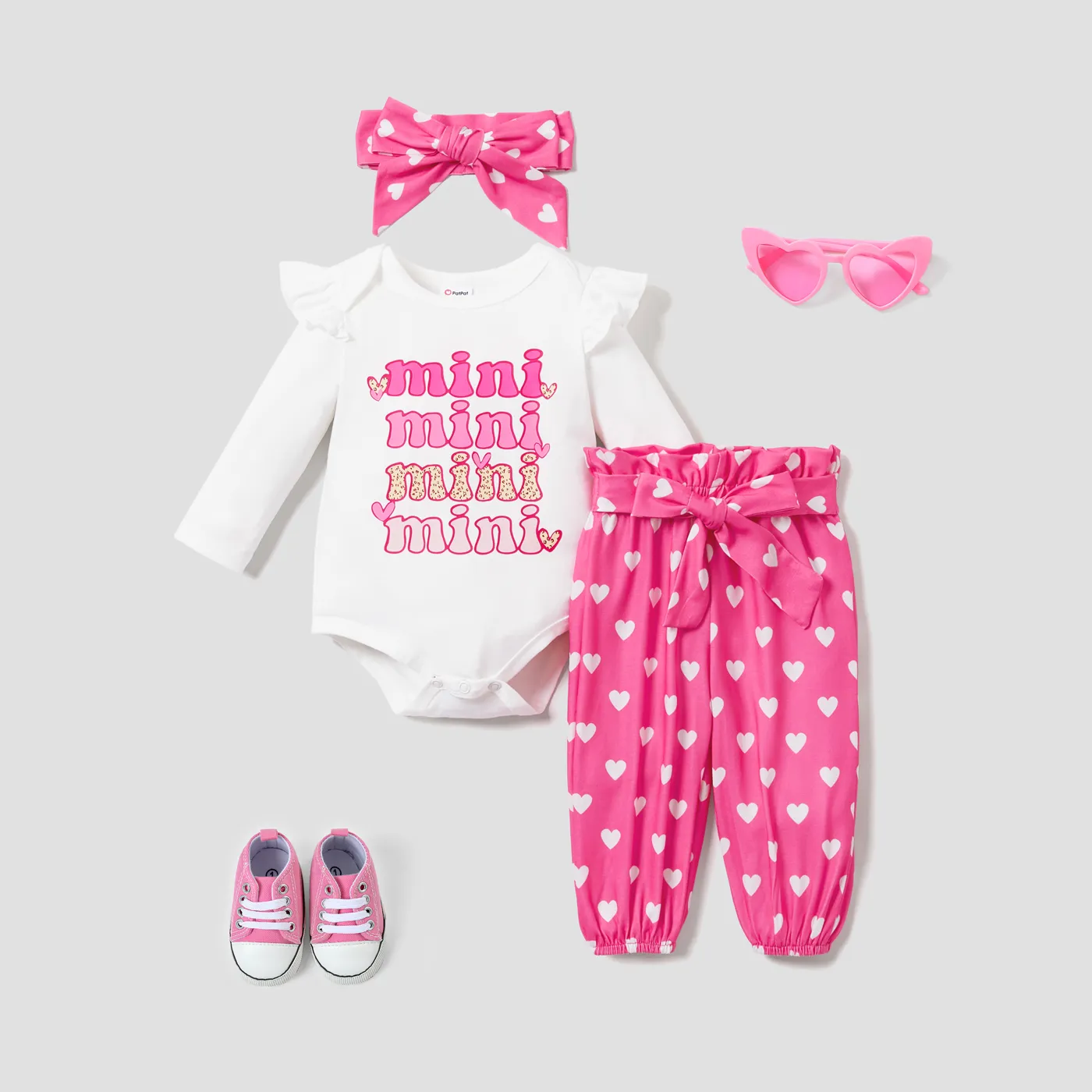 3PCS Baby Girl Sweet  Letter Pattern Flutter Sleeve Top/ Heart Print Bottom/ Headband Hot Pink big image 1