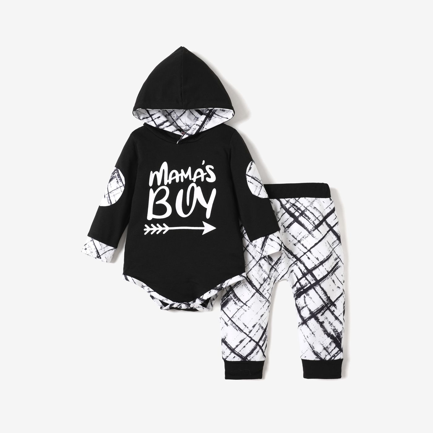 2pcs Baby Boy Letter Graphic Black Long-sleeve Hooded Romper and Allover Print Pants Set
