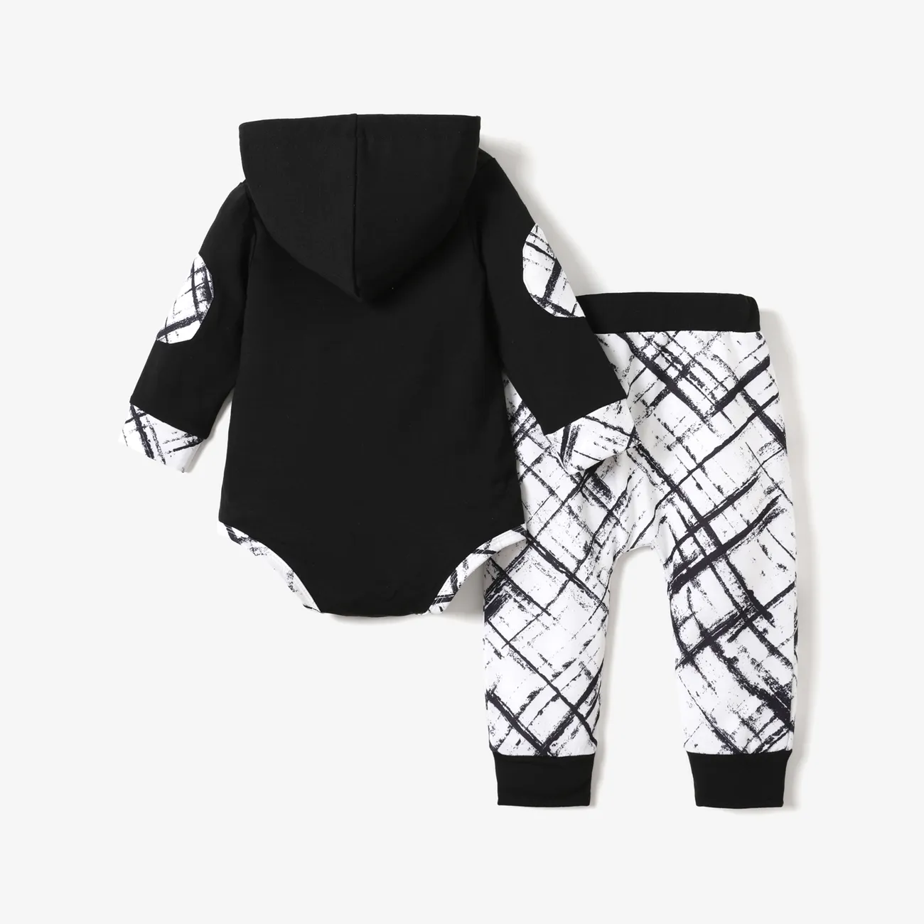 2pcs Baby Boy Letter Graphic Black Long-sleeve Hooded Romper and Allover Print Pants Set Black big image 1