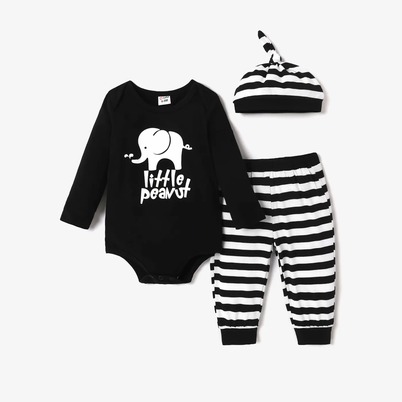 3pcs Baby Boy Childlike Elephant And Stripe Pattern Long Sleeves Romper Set