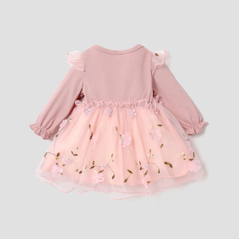 Baby Girl Pink Ribbed Long-sleeve Bowknot Floral Embroidered Mesh Dress  big image 2