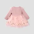 Baby Girl Pink Ribbed Long-sleeve Bowknot Floral Embroidered Mesh Dress  image 2
