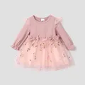 Baby Girl Pink Ribbed Long-sleeve Bowknot Floral Embroidered Mesh Dress  image 1