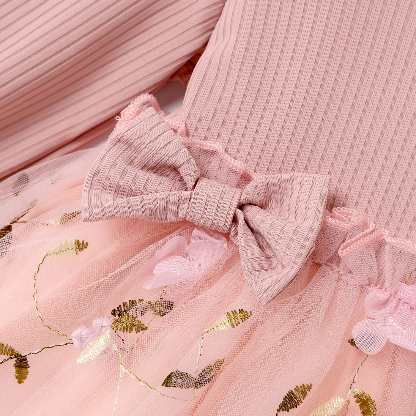Baby Girl Pink Ribbed Long-sleeve Bowknot Floral Embroidered Mesh Dress  image 3