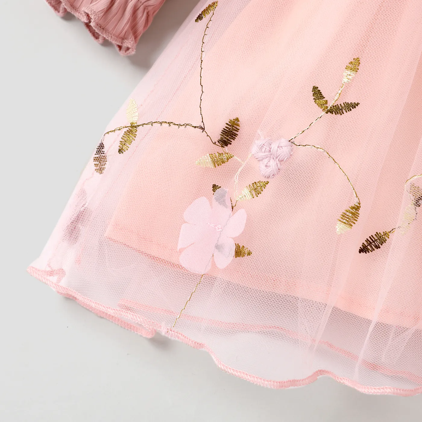 Baby Girl Pink Ribbed Long-sleeve Bowknot Floral Embroidered Mesh Dress  image 4