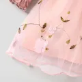 Baby Girl Pink Ribbed Long-sleeve Bowknot Floral Embroidered Mesh Dress  image 4