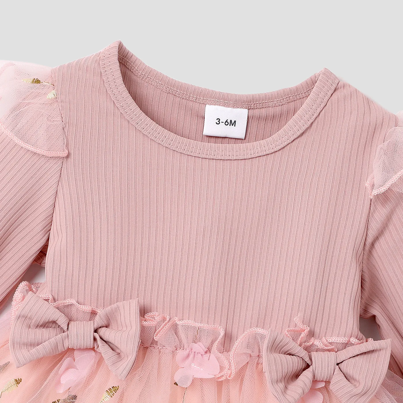 Baby Girl Pink Ribbed Long-sleeve Bowknot Floral Embroidered Mesh Dress  big image 6