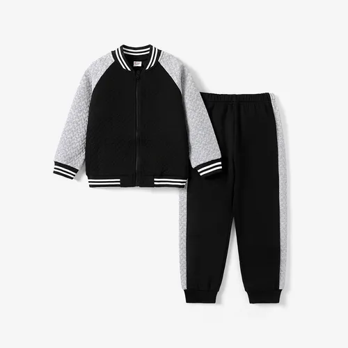 2-piece Kid Boy Textured Colorblock Striped Zipper Bomber Jacket and Pants Casual Set