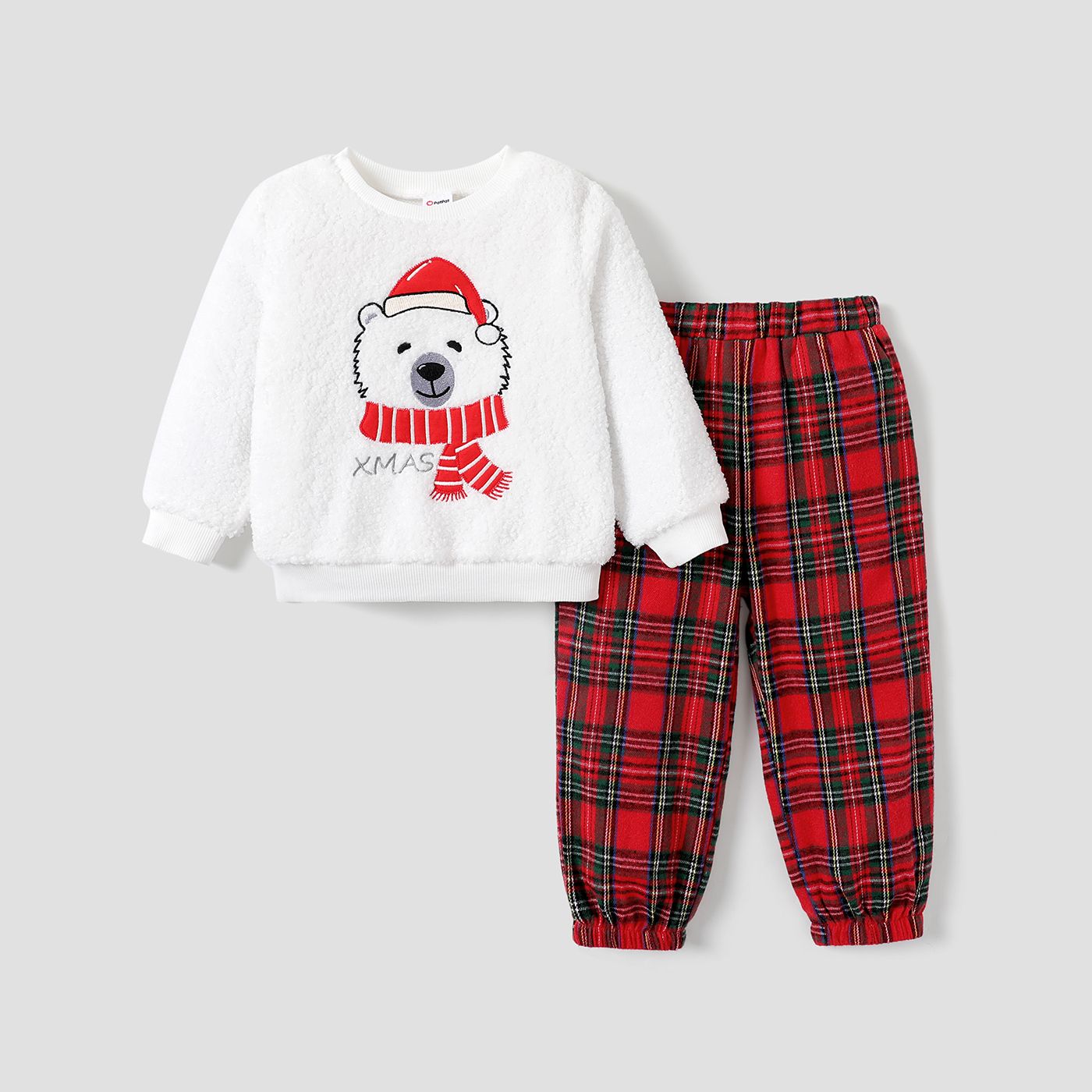 2pcs Toddler Boy Childlike Christmas Bear And Plaid Pattern Set
