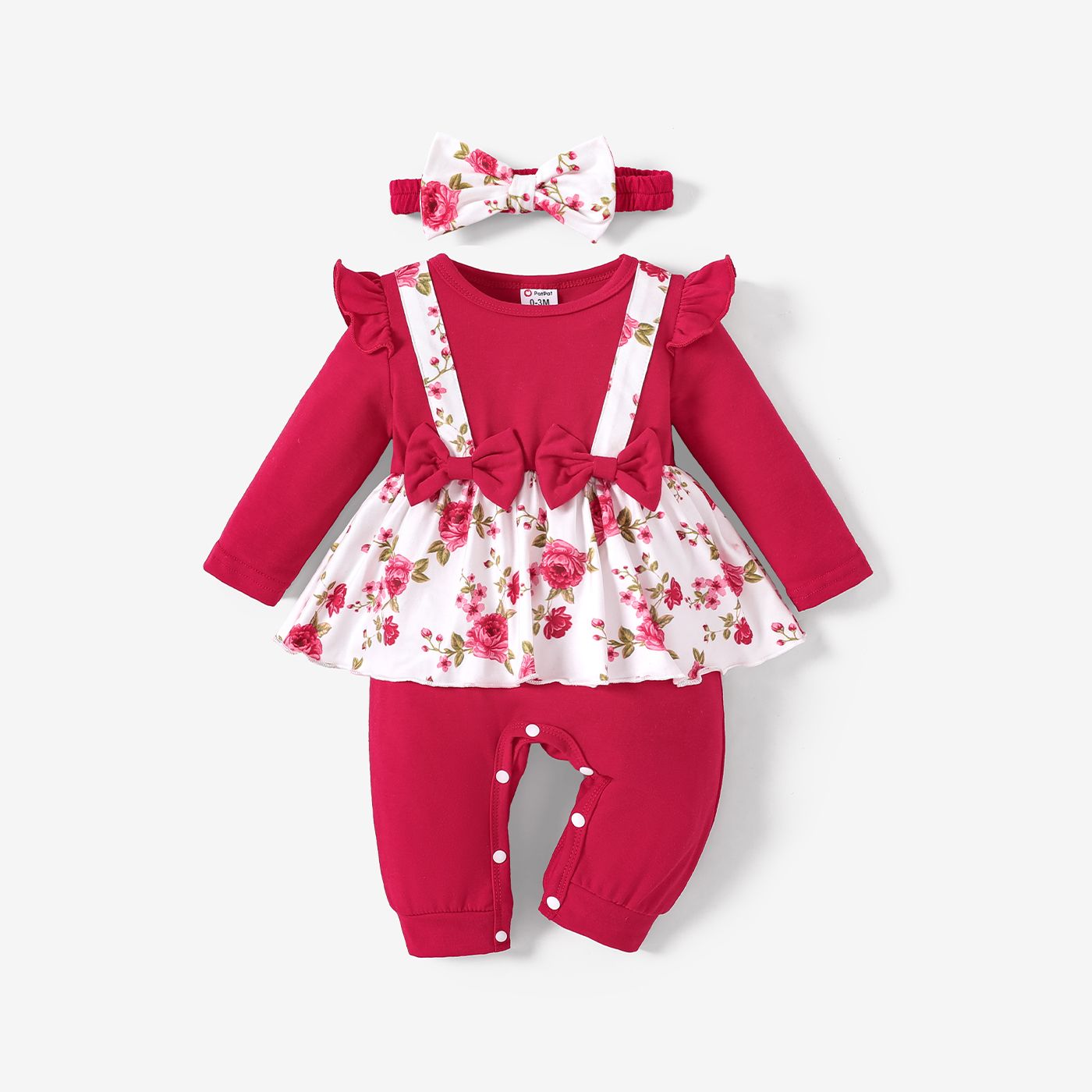 2pcs Baby Girl Sweet Floral Ruffle Jumpsuit With Headband