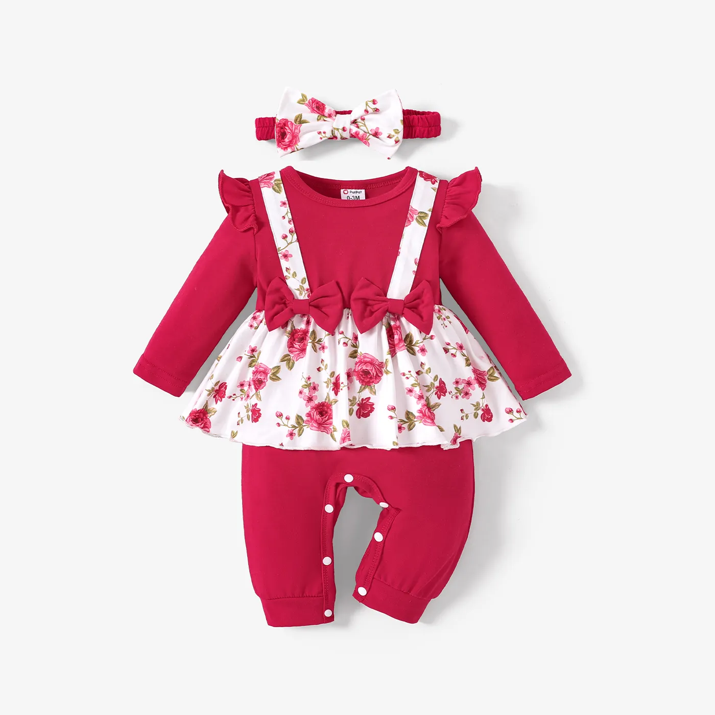 2pcs Baby Girl Sweet Floral Ruffle Jumpsuit With Headband