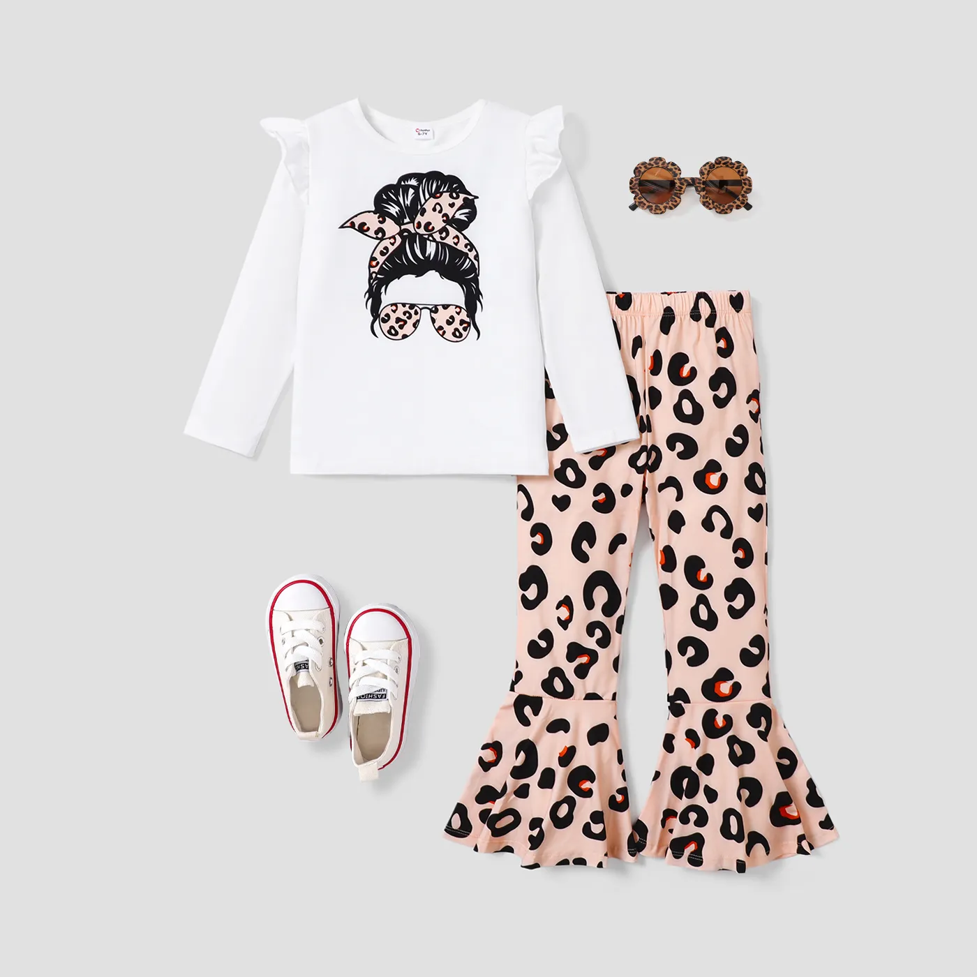 2pcs Kid Girl Character Pattern Leopard Ruffle Edge Set