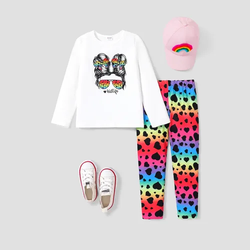  2PCS Kid Girl Character Print Shirt/ Leopard Print Jumpsuit