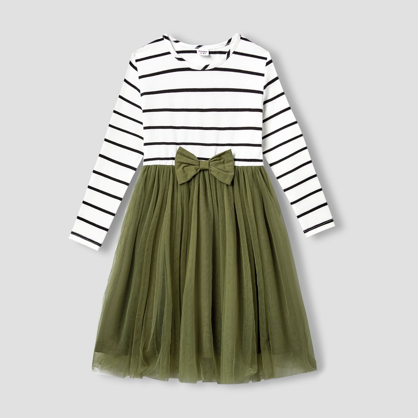 Family Matching Stripes Print Colorblock Long-sleeve Tops And Mesh Splicing Dresses Sets