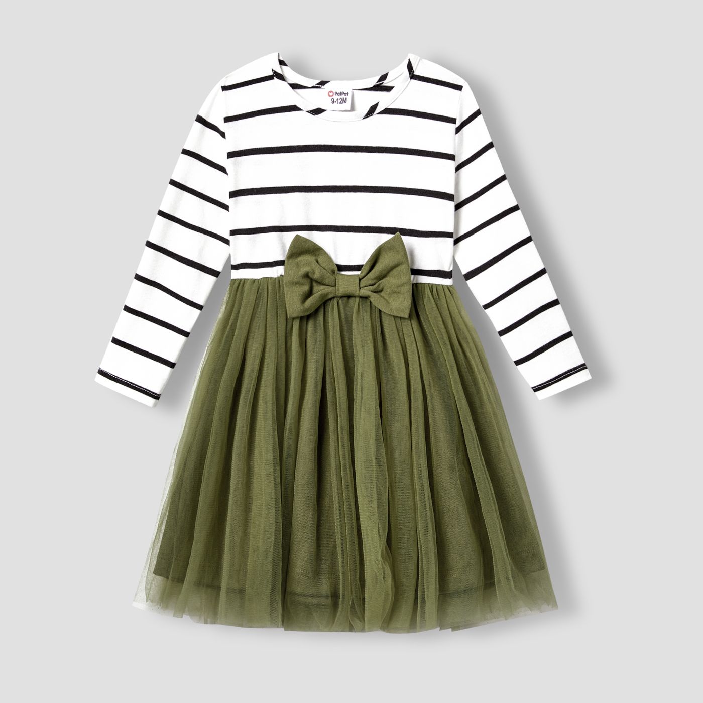 Family Matching Stripes Print Colorblock Long-sleeve Tops And Mesh Splicing Dresses Sets