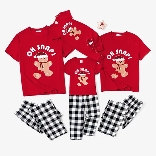 Christmas Family Matching Gingerbread Man Print Short-sleeve Tops and Plaid Pants Pajamas Sets (Flame Resistant)