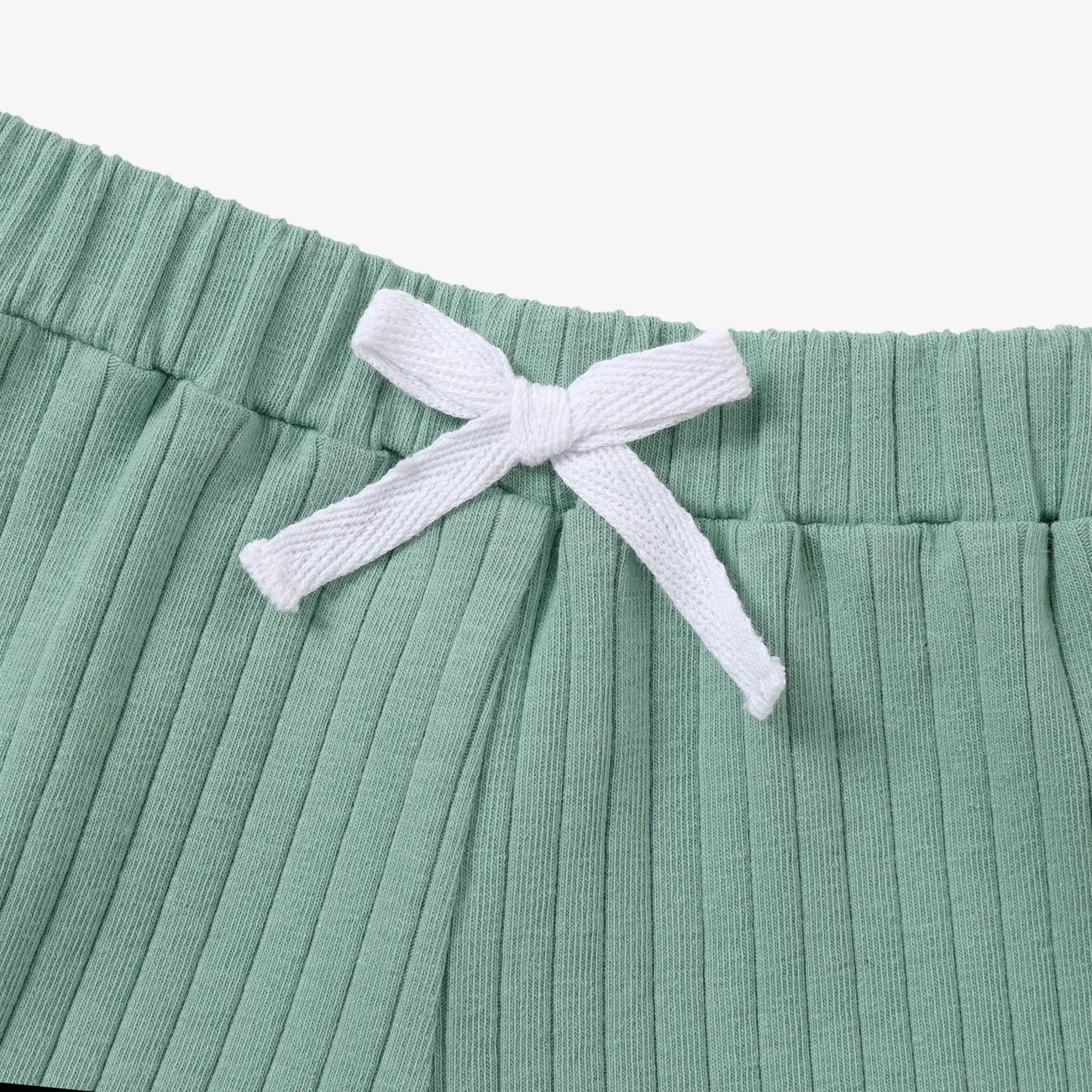 2pcs Toddler Girl Letter Print Ribbed Short-sleeve Tee and Bowknot Design Elasticized Shorts Set Light Green big image 1