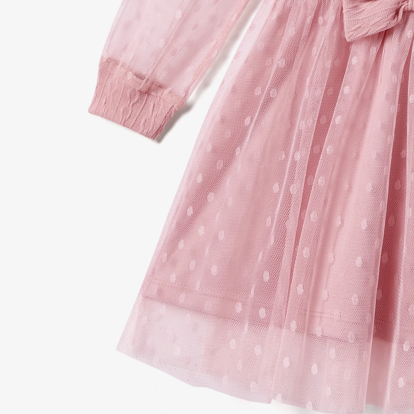 Family Matching Pink Long Sleeve Plaid Shirts Tops and Belted Mesh Dresses Sets  image 5