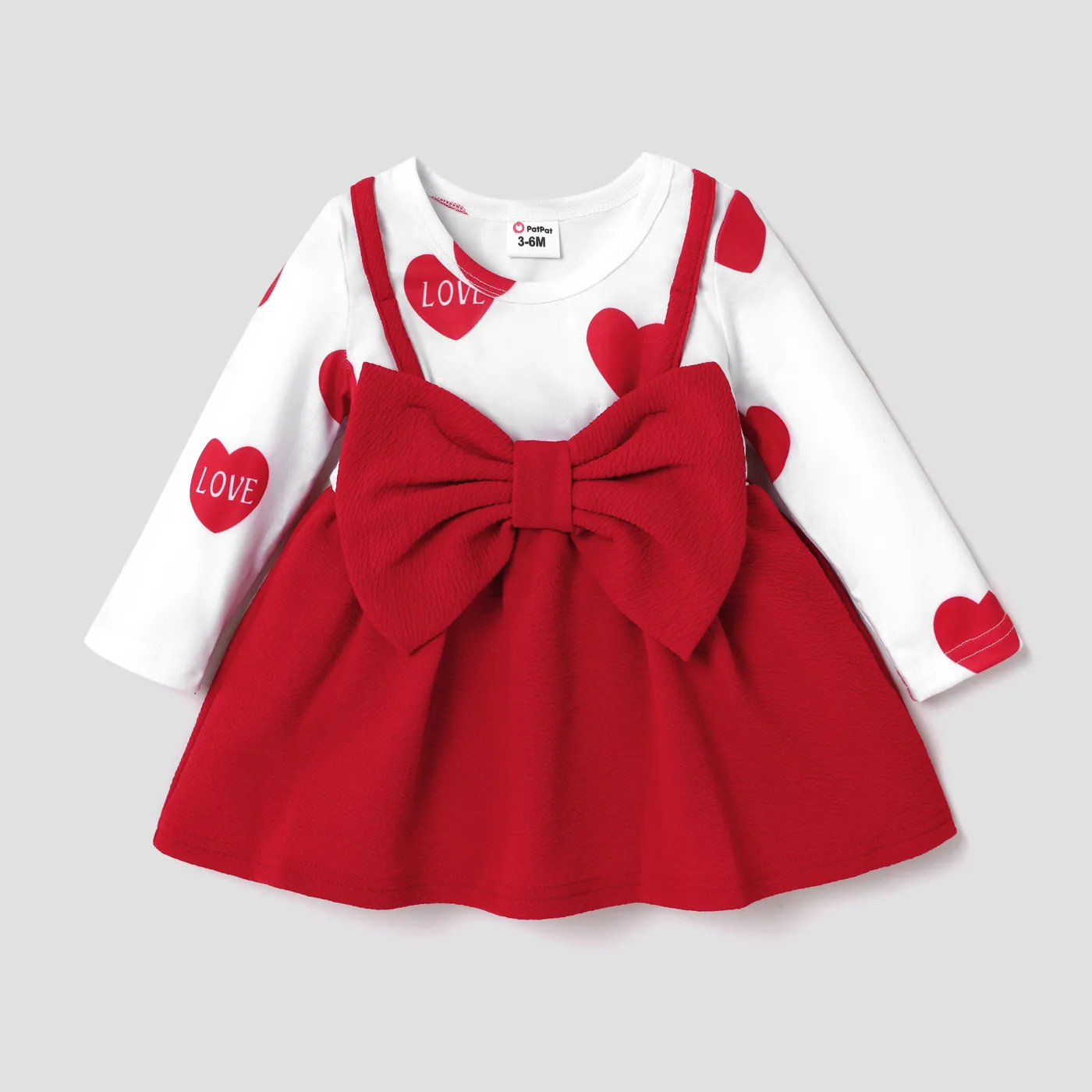 Baby Girl Red Love Heart Print Long-sleeve Splicing Bowknot Dress