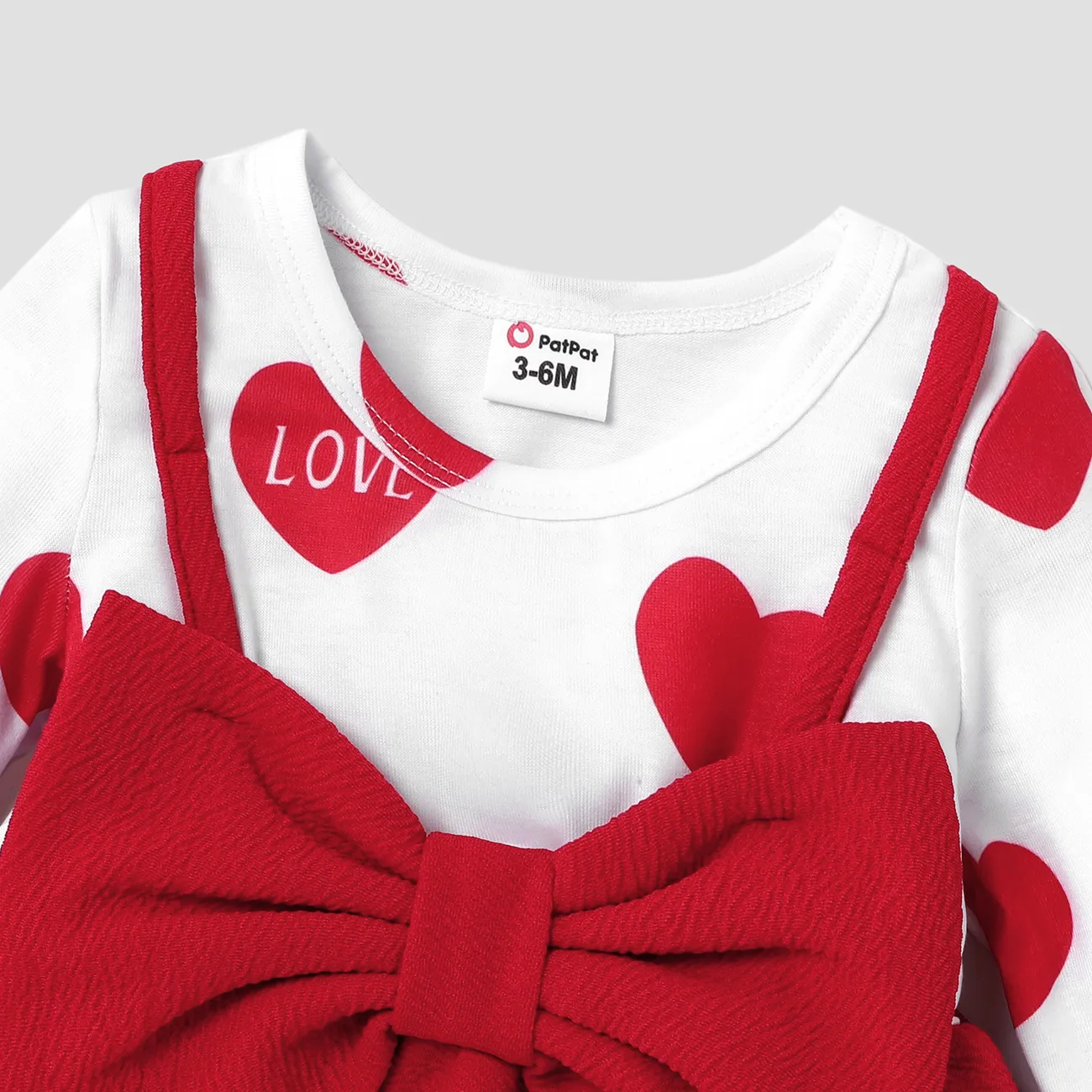 Baby Girl Red Love Heart Print Long-sleeve Splicing Bowknot Dress Color block big image 1