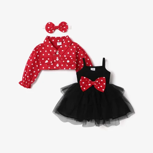 3pcs Baby Girl 100% Cotton Long-sleeve Polka Dots Crop Jacket and Rib Knit Spliced Mesh Cami Fairy Dress with Headband Set