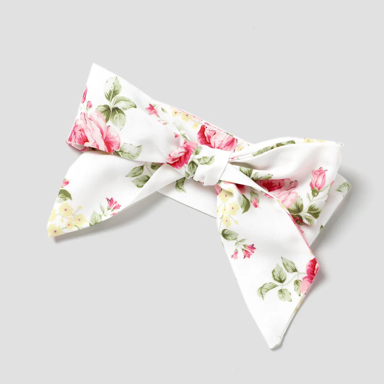 2pcs Baby 95% Cotton Ribbed Long-sleeve Ruffle Bowknot Splicing Floral Print Dress with Headband Set Pink big image 1
