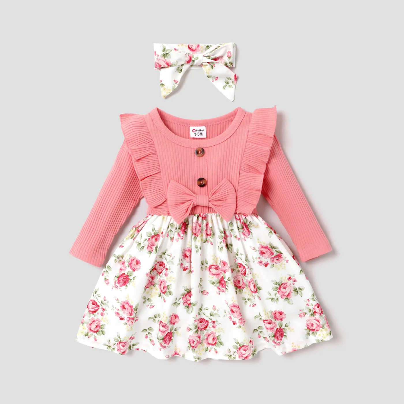 2pcs Baby 95% Cotton Ribbed Long-sleeve Ruffle Bowknot Splicing Floral Print Dress with Headband Set Pink