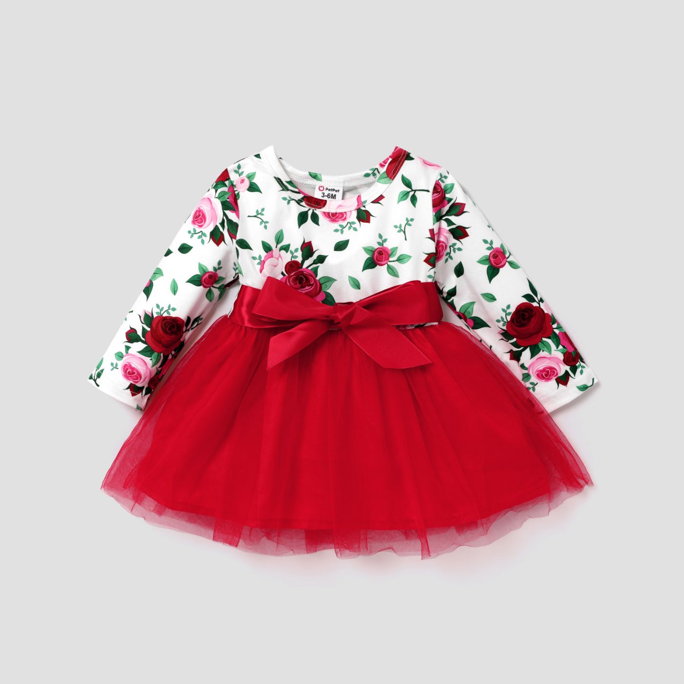 Baby Girl Allover Rose Floral Print Long-sleeve Spliced Bow Front Mesh Dress