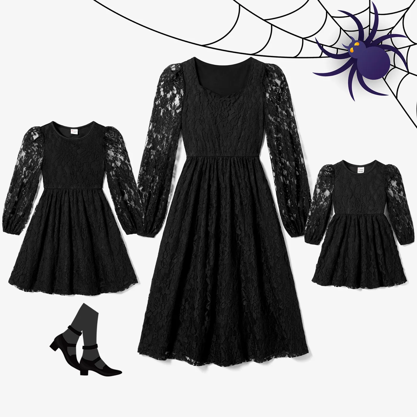 Halloween Mommy and Me Gothic Long-sleeve Black Lace Dresses