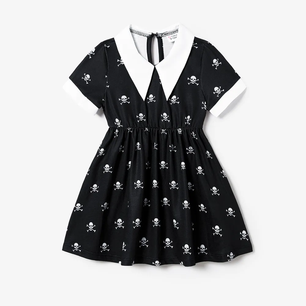 Halloween Family Matching Skull Print Gothic Short Sleeve Dresses and Tops Sets  big image 1