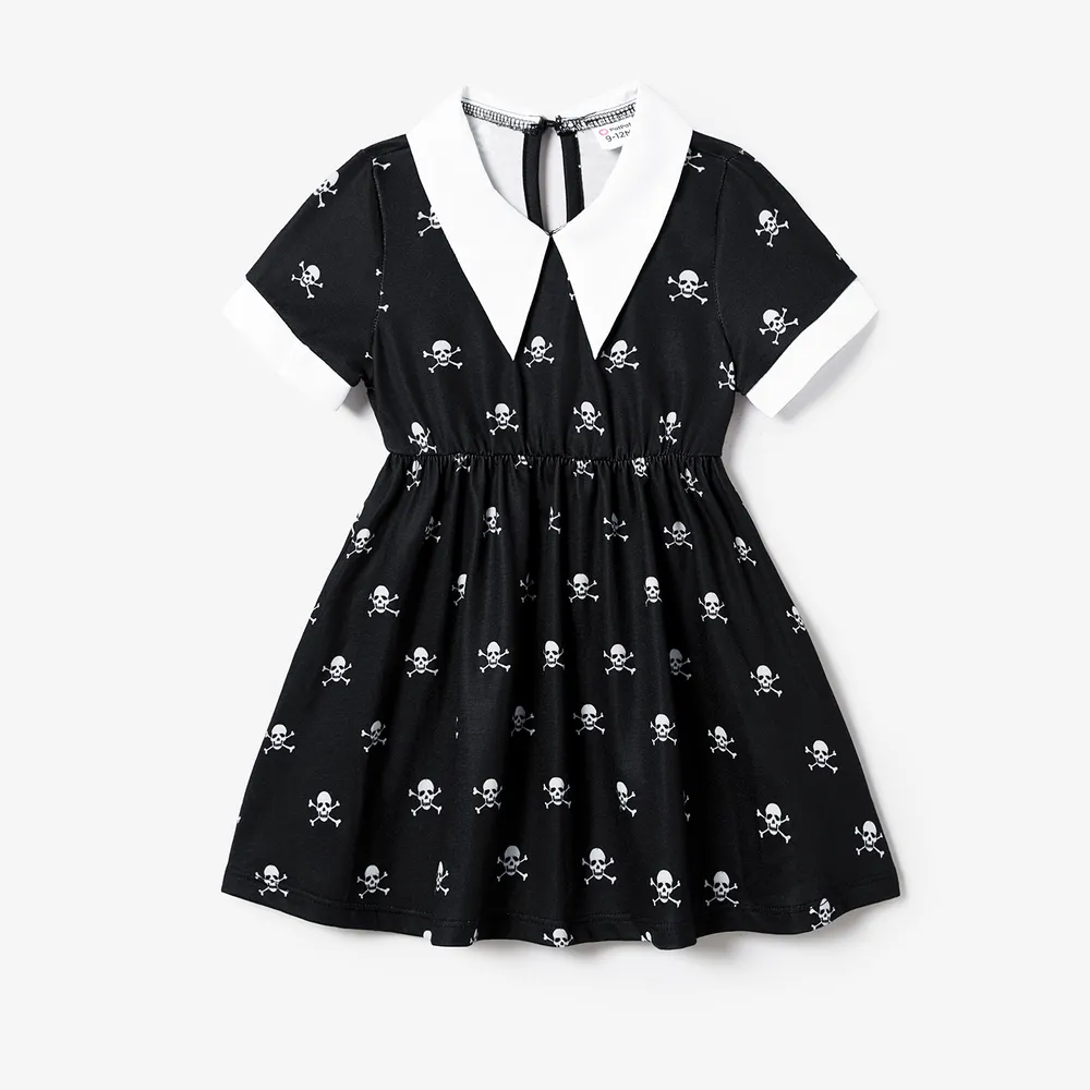 Halloween Family Matching Skull Print Gothic Short Sleeve Dresses and Tops Sets big image 1