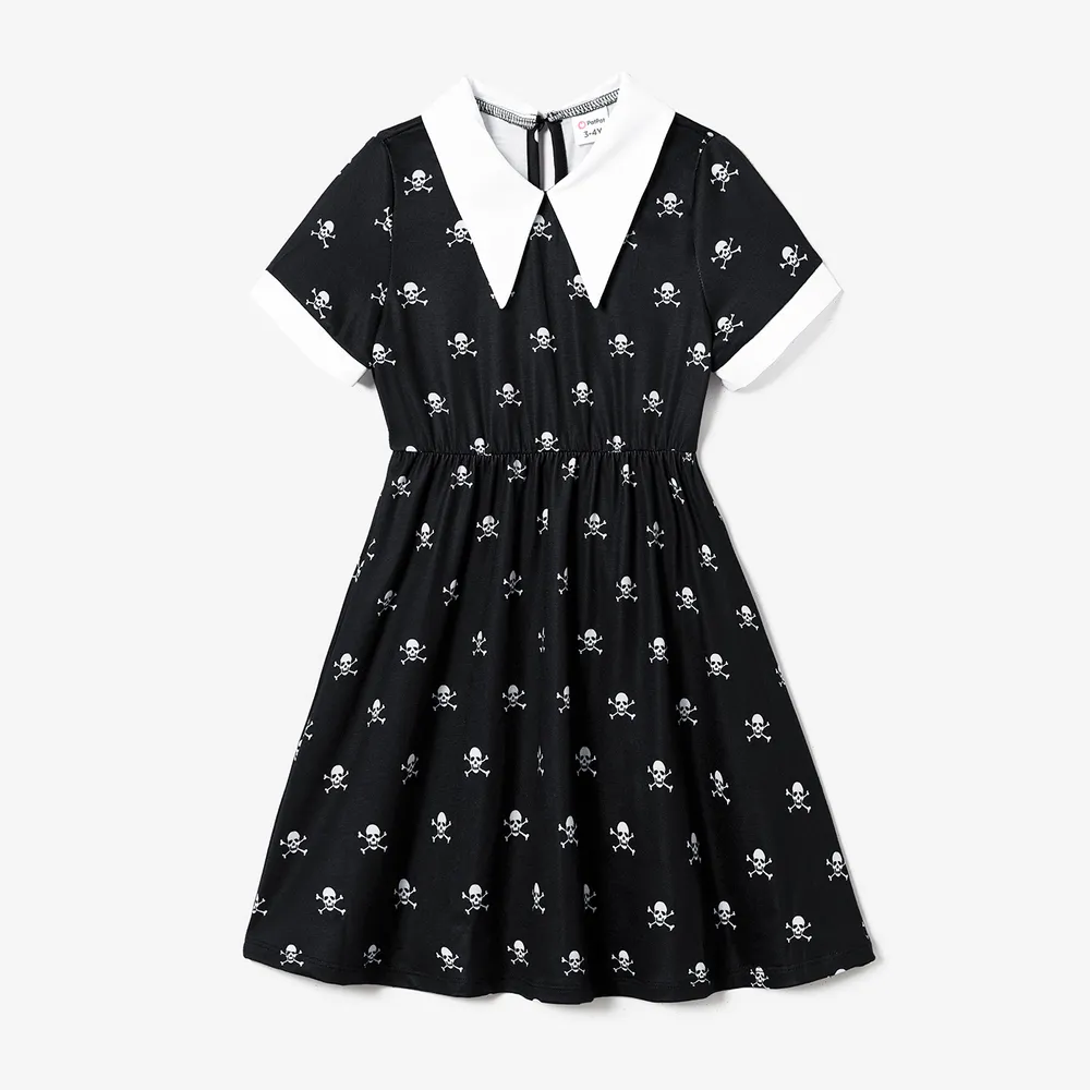 Halloween Family Matching Skull Print Gothic Short Sleeve Dresses and Tops Sets  big image 12