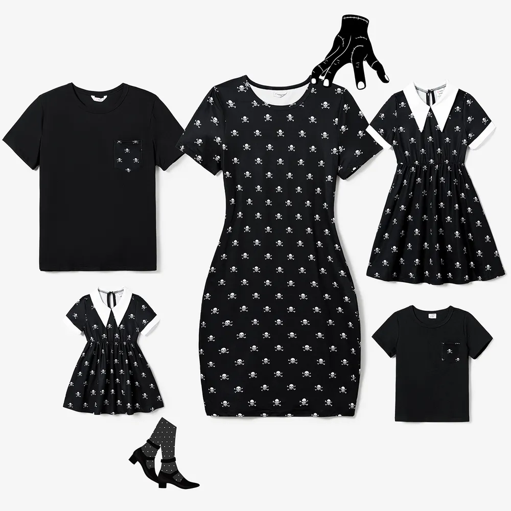 Halloween Family Matching Skull Print Gothic Short Sleeve Dresses and Tops Sets  big image 2