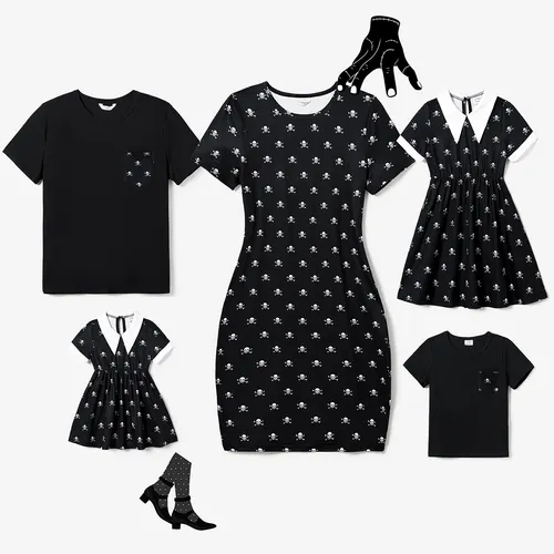 Halloween Family Matching Skull Print Gothic Short Sleeve Dresses and Tops Sets