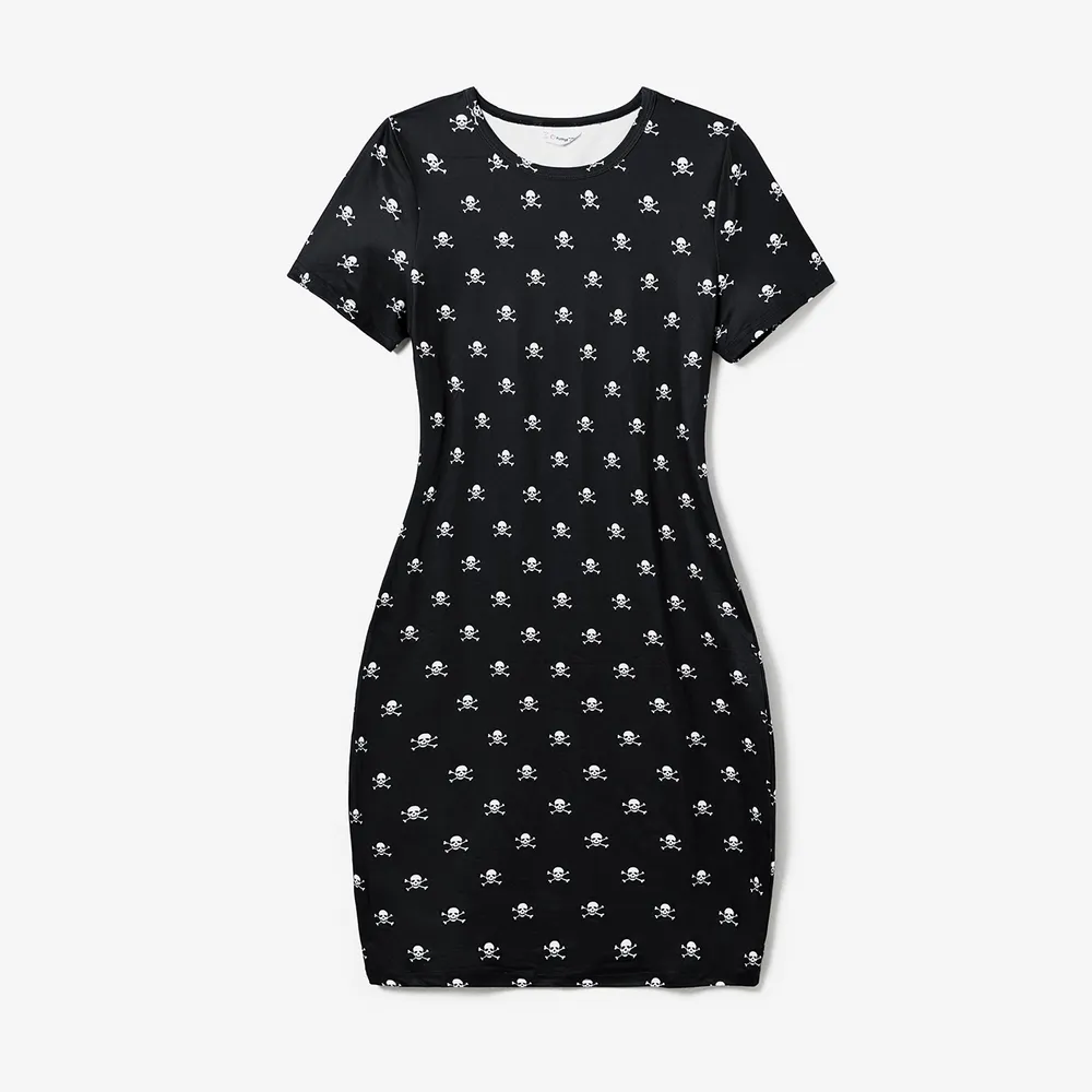 Halloween Family Matching Skull Print Gothic Short Sleeve Dresses and Tops Sets big image 16